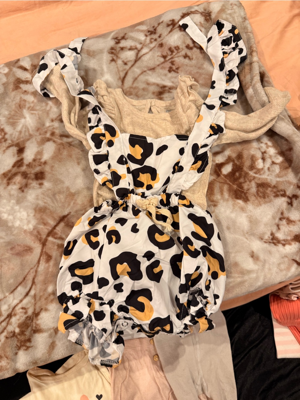 Garanimals White Leopard Print Ruffle Strap Romper with Mustard Spots